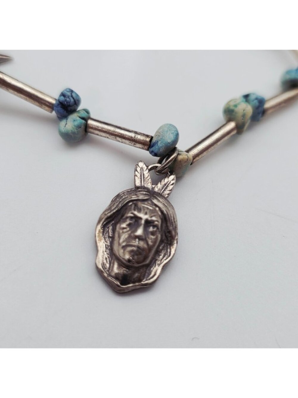 Native American Style Silver Tone Charm Bracelet Turquoise Beads Star Bird Face - Picture 6 of 8